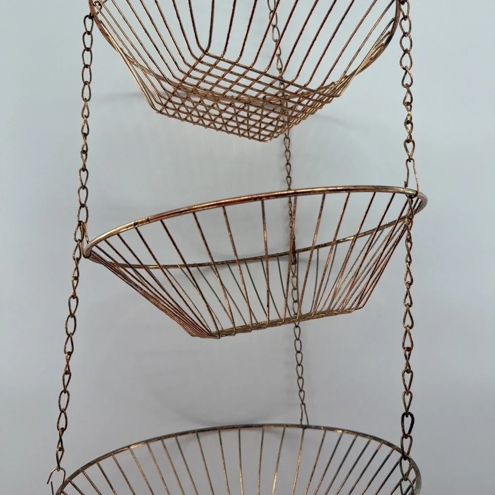 Vintage 3-Tier Metal Mesh Wire Hanging Baskets Collapsible Copper Fruit Plants
